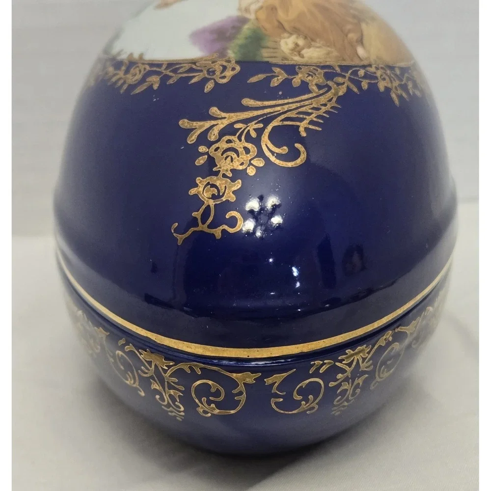 Vtg Cobalt Blue Porcelain Egg Trinket Box Romantic Courting Couple Gold Filagree